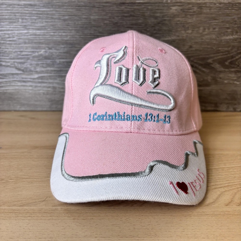 Jesus Hat Cap Strap Back Pink White Embroidered 1 Corinthians 13 Womens